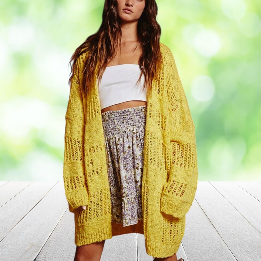 BUCKET LIST Oversized Cardigan Sweater Open Knit Sheer Boho Crochet Yellow Sz M